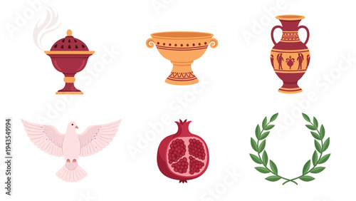 Ancient Greek Mythology Icons Incense Burner Urn Vase Dove Pomegranate Laurel Wreath Vector Illustration Set