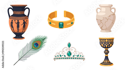 Ancient Greek Mythology Artifacts Collection Vase with Silhouettes Golden Bracelet with Emeralds Cracked Amphora Peacock Feather Jewel Tiara and Ornate Chalice
