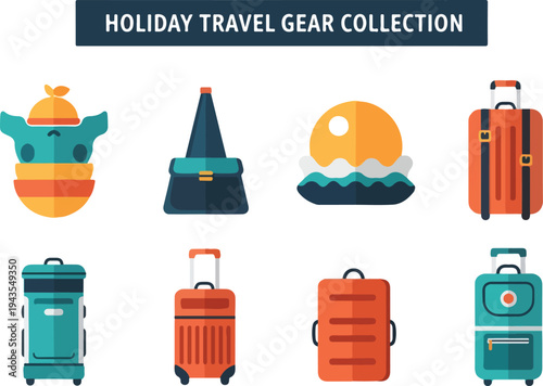 A flat design graphic depicts a travel gear collection luggage bags and stylized sun over waves