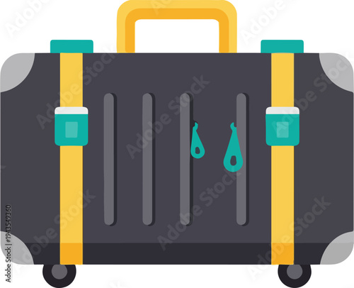 A dark gray suitcase with yellow straps a yellow handle teal accents and small black wheels