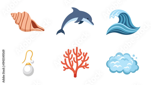 Oceanic Icons Seashell Dolphin Wave Pearl Earring Coral Clouds Aquatic Icons Collection