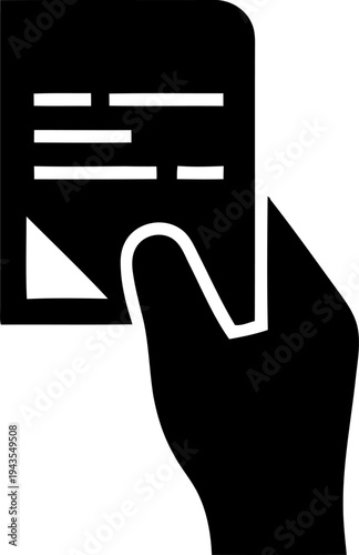 Black silhouette of a hand holding a document or folded paper with text lines visible
