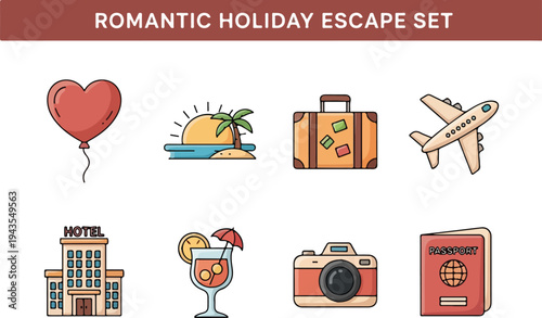 A graphic featuring eight themed icons heart balloon island suitcase airplane hotel cocktail camera and passport
