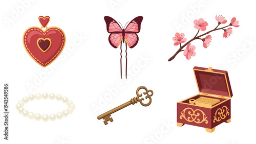 Elegant Vintage Treasures Collection Heart Locket Pearl Bracelet Butterfly Hairpin Cherry Blossom Branch Ornate Key Jewelry Box