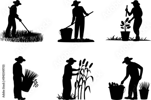 Farmer and gardener silhouettes working in agriculture field planting, harvesting crops and caring plants, rural farming activities and organic gardening concept isolated illustration set