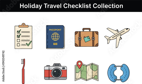 A holiday travel checklist collection featuring eight distinct icons