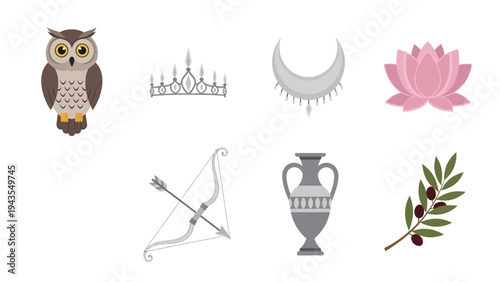 Magical Collection of Greek Mythology Symbols and Icons Owl Tiara Moon Lotus Bow Vase Olive Branch