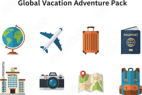 A graphic featuring travel icons globe airplane suitcase passport hotel camera map and backpack