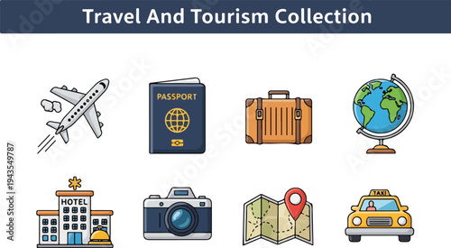A graphic featuring travel icons like a plane passport suitcase globe hotel camera map and taxi