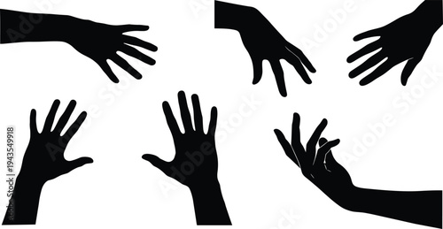 Hand silhouette set collection, human gesture shapes, reaching grabbing pointing hands, communication body language icons, vector illustration
