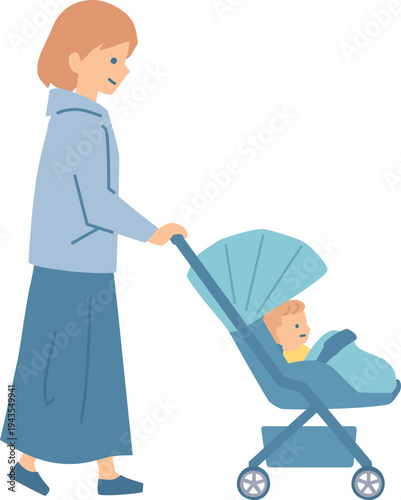 ベビーカーを押す女性のイラスト