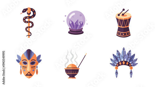 Esoteric and Mystical Symbols Collection Crystal Ball Tribal Mask Snake Staff Drum Incense Headdress