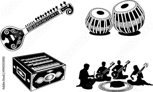 Indian classical music instruments silhouette set with sitar, tabla, harmonium and musicians playing traditional instruments, cultural heritage performance concept isolated illustration