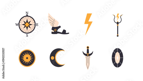 Collection of Greek Mythology Icons Compass Winged Sandal Lightning Bolt Trident Sun Moon Sword Shield Vector Illustration