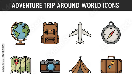 Adventure travel icons set including a globe backpack airplane compass map camera tent and suitcase