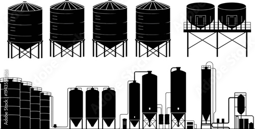 Industrial storage tanks and grain silos silhouette set chemical plant containers fuel tanks agriculture silos factory storage system vector illustration collection