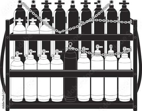 Industrial gas cylinder storage rack with chained oxygen tanks, black and white vector illustration representing compressed gas safety, warehouse equipment organization and industrial storage system