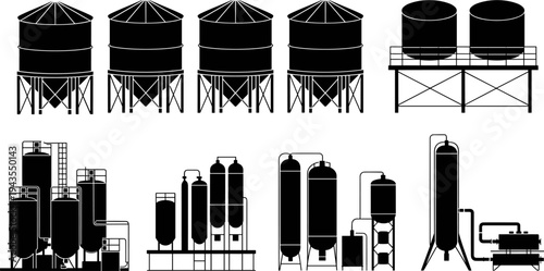 Industrial storage tanks and grain silos silhouette set chemical plant containers fuel tanks agriculture storage system factory equipment vector illustration collection