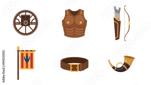 Medieval Warrior Gear Set Wagon Wheel Leather Armor Quiver Flag Belt Horn for Historical Game Assets