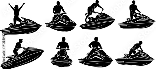 Jet ski rider silhouette collection featuring people riding personal watercraft, jumping and cruising on water, extreme water sports activity and summer recreation vector illustration