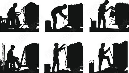 Industrial worker silhouettes operating heavy equipment and machinery in factory setting representing manufacturing process, maintenance work and industrial labor activity