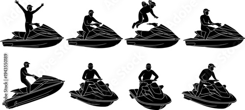 Jet ski rider silhouette set showing personal watercraft driving, jumping and riding on water, extreme water sport activity and summer recreation isolated vector illustration