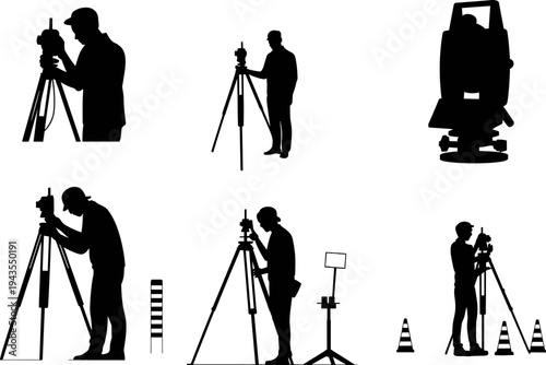 Land surveyor silhouette collection using theodolite and tripod surveying equipment, engineering and construction measurement workers set isolated vector illustration for geodesy and land surveying