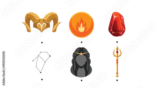 Aries Zodiac Sign Astrology Symbolism Objects Ram Headdress Fire Element Red Gemstone Constellation Goddess Silhouette and Trident Wand