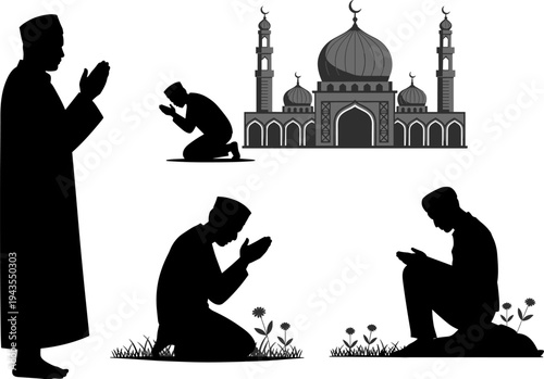Muslim prayer silhouettes with mosque illustration showing Islamic worship, believers performing dua and salah in spiritual devotion, Ramadan religious concept isolated vector set