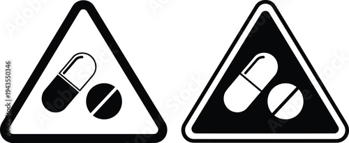 medicine warning sign with pill capsule and tablet symbol, pharmaceutical caution label, healthcare safety icon design, flat vector illustration