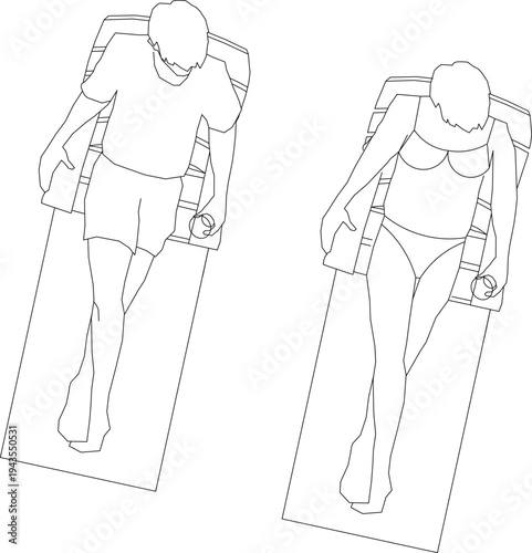 Technical illustration showing human figures in swimwear lying on lounge chairs in plan view for pool, beach or spa facility layout planning.