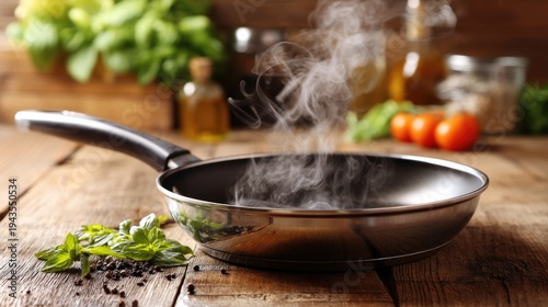 Fresh Ingredients and Cooking Process Showcase in a Modern Kitchen with a Frying Pan, Aromatic Herbs, and Steaming Food on a Rustic Wooden Table