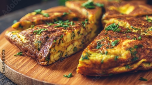 Delicious Spanish Omelette with Fresh Herbs on Rustic Wooden Cutting Board Perfect for Gourmet Food Photography and Culinary Inspirations