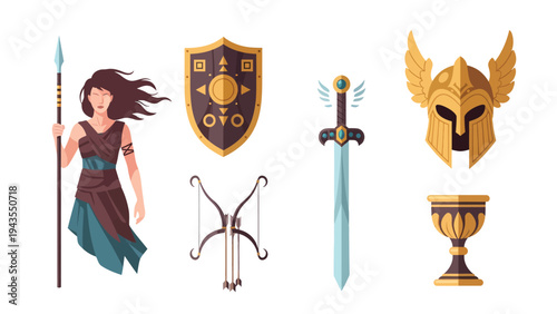 Fierce Female Warrior with Ancient Weaponry and Armor Fantasy Battle Gear Collection