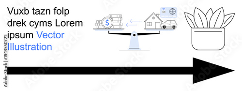 Financial planning, balance concept, investment, asset management, business analysis, decision-making. Balance scale with money, house and car. Financial planning and balance concept