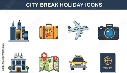 Collection of city break holiday icons featuring buildings luggage airplane camera hotel map taxi and passport