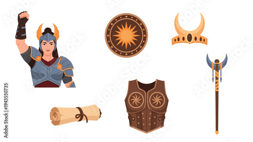 Ancient Warrior Woman Collection Armor Helmet Shield Crown Scroll and Staff Fantasy History Strength Power Combat Battle Heroic Icons