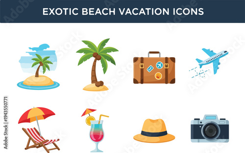 Collection of eight tropical beach vacation icons including palm trees suitcase airplane chair drink hat and camera