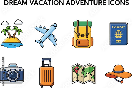 Collection of eight travelthemed illustrations including an island plane backpack passport camera suitcase map and sunhat
