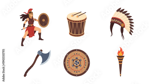 Native American Warrior with Shield War Axe Drum Headdress Torch and Native Shield Vector Illustration