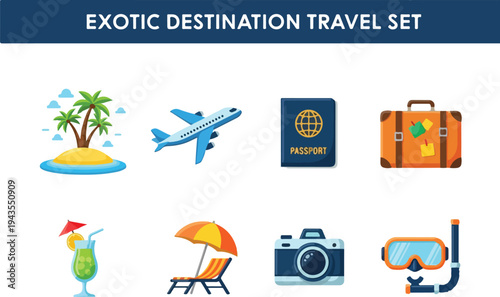 Collection of travel icons including island plane passport luggage drink beach chair camera and snorkel