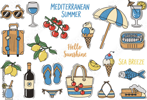 Mediterranean Summer Retro Travel, Illustration Doodle Cartoon Collection