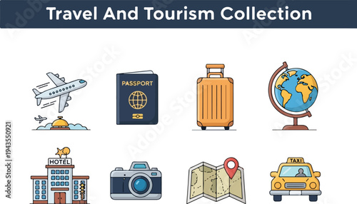 Collection of travel icons including a plane passport luggage globe hotel camera map and taxi