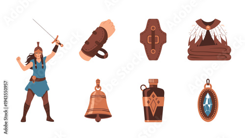 Fantasy Warrior Heroine with Medieval Armor Sword Potion Bell Shield Brooch and Quiver Set of Game Assets and Icons