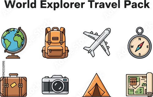 Colorful travel icons globe backpack airplane compass suitcase camera tent map