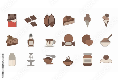Chocolate outline icon set with cocoa beans dessert sweets and hot chocolate drink vector collection