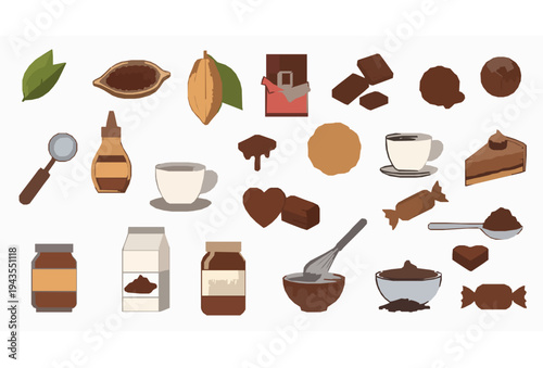 Chocolate food icon collection with cocoa beans candies desserts and beverage symbols vector illustration