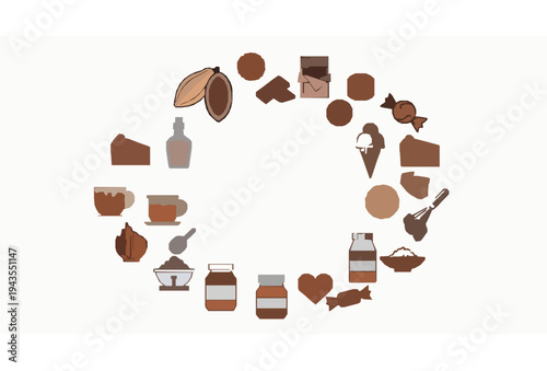Chocolate dessert and cocoa beans thin line icon set in circular layout minimal vector collection