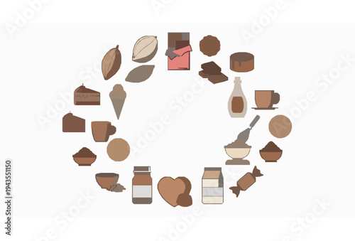 Chocolate dessert and cocoa beans thin line icon set in circular layout minimal vector collection