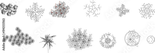 Technical landscape architectural drawing showing various plants and flowering shrubs in plan view with different foliage patterns and blooms in black, white and pink.